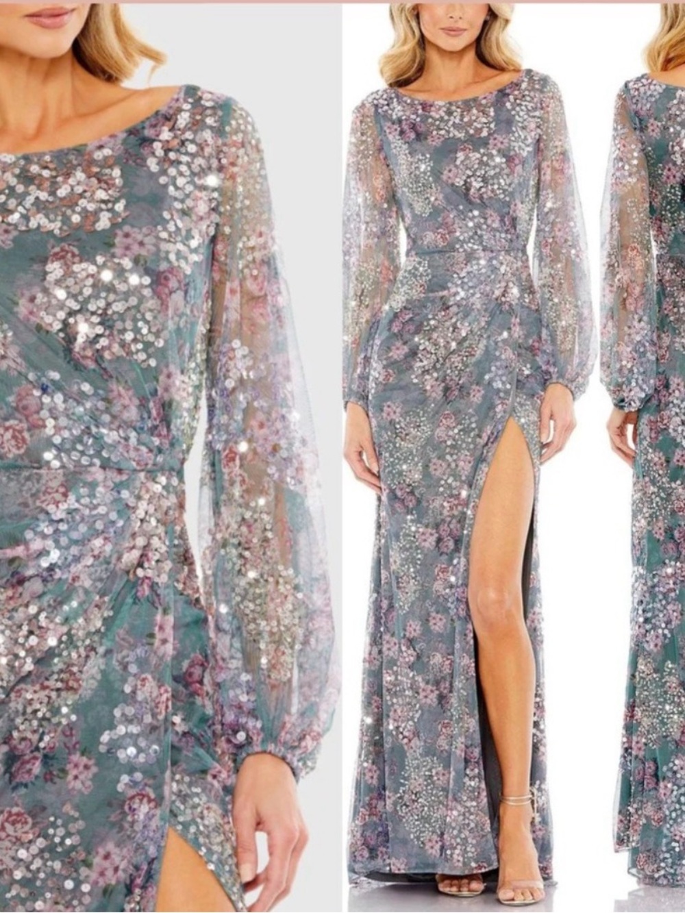 NWT! Mac Duggal 93750 Stunning Dark Gray Green Floral Sequin Maxi Dress Size 8